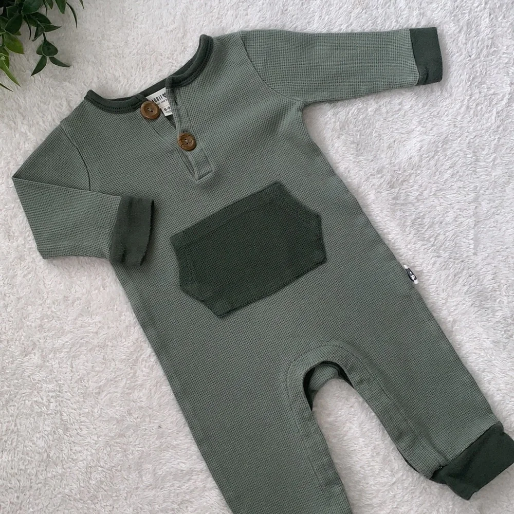 Rabbit + Bear Green Baby Romper with Pocket 6-9M Organic Cotton EUC